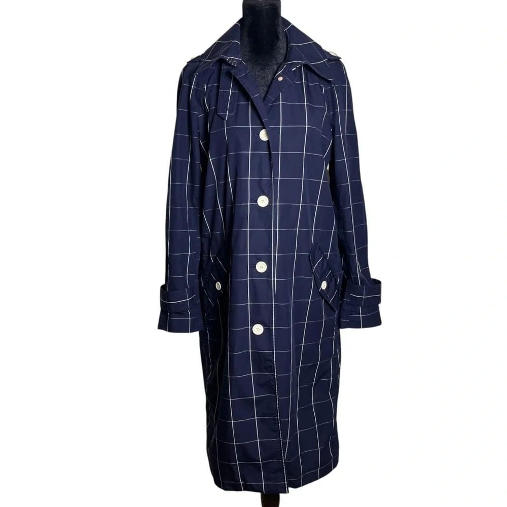 J Crew Collection Navy Windowpane Lightweight Trench Coat Size 2 - Picture 10 of 15